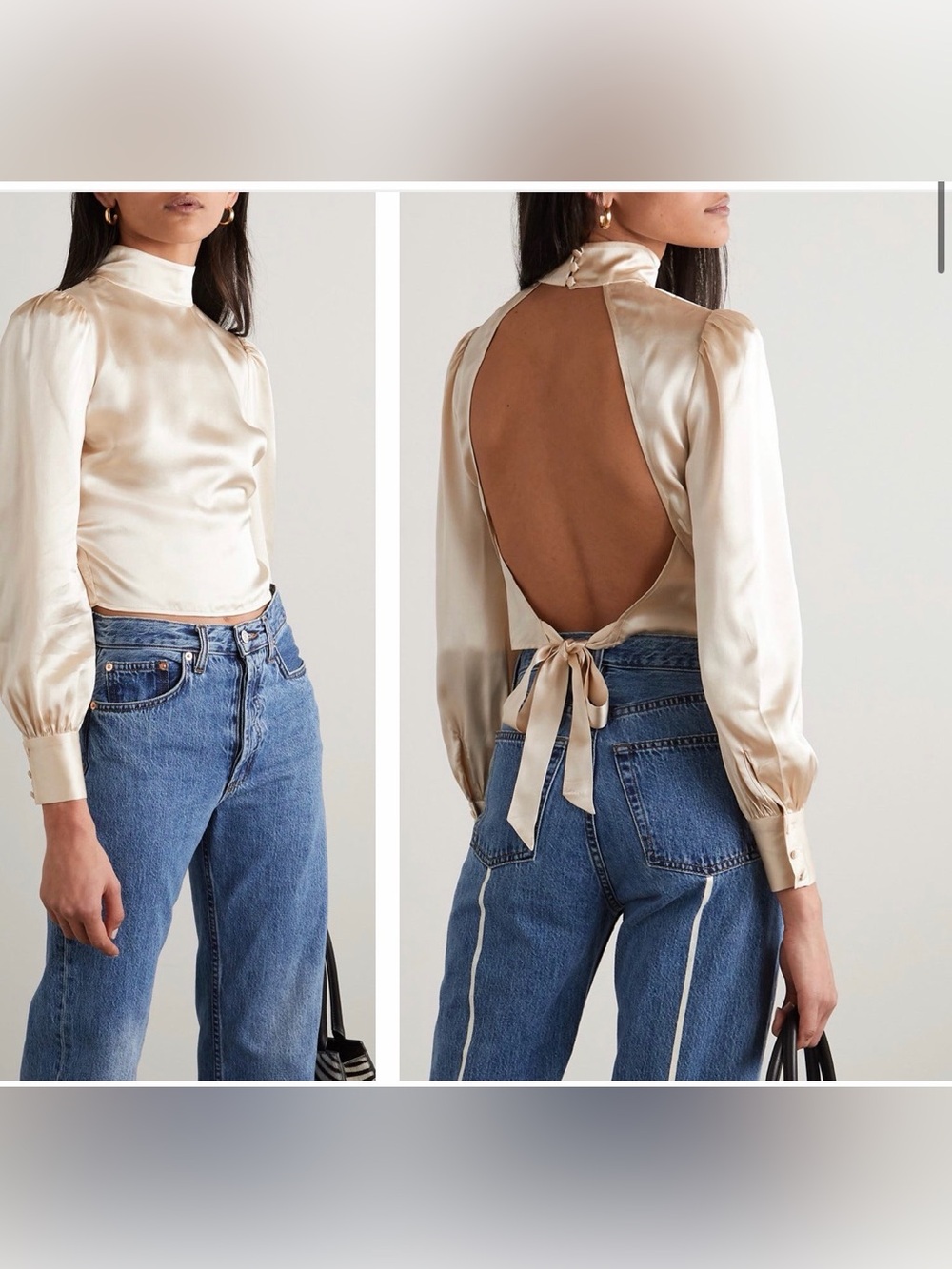 Reformation 100% SILK Cream High-Neck, Backless, Puff Sleeve Blouse